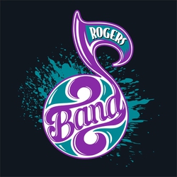 three color band t-shirt art with large not. "Band" in lower part of note, Organization name in top part of note.  Splash behind note.