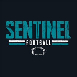 two color football t-shirt art.  Team name in distressed font over the word football that is framed by rectangles on each side.   Distressed football at the bottom.