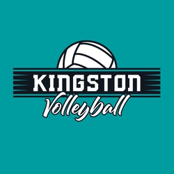 two color volleyball t-shirt design template. School name in block lettering centered, Partial volleyball at the top.  Word Volleyball in script at the bottom.   Rectangular shape behind lettering.