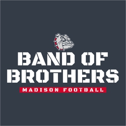 three color football t-shirt art.  Mascot above "BAND OF BROTHERS" in stencil font.  Team name and word football in rectangle box at the bottom.