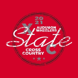 three color state cross country t-shirt design.  Distressed circle with large word "State". XC split diagonally above and below.  Team info at top right.  Cross Country lower left.