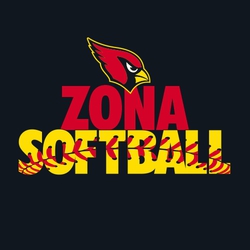 three color softball t-shirt design with large mascot over team name at the top.  Word "SOFTBALL" below that with laces through the word.