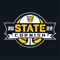 two color state basketball t-shirt design with banners over basketball and mascot on top part of basketball.