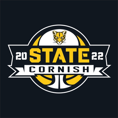 two color state basketball t-shirt design with banners over basketball and mascot on top part of basketball.