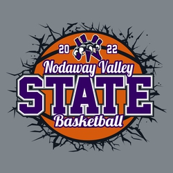 four color state basketball design with shattered background and text over basketball.