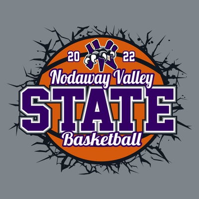 four color state basketball design with shattered background and text over basketball.