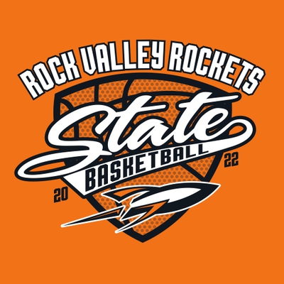 three color state basketball t-shirt design with shield shape in the background.  Shape has halftone basketball inside it.  Large script word 