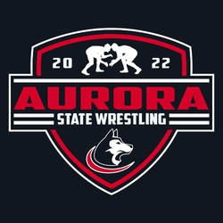 two color state wrestling with wrestlers and mascot inside shield.