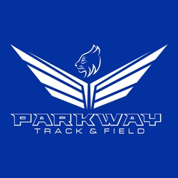 one color track and field t-shirt design with small mascot over large stylized wings.  Outlined team name lettering below.  Small words "track & field" at the bottom.