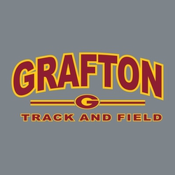 two color track and field t-shirt design.  Large team name ached at the top.  Three lines below that with logo or mascot centered above them.  TRACK AND FIELD lettering at the bottom.