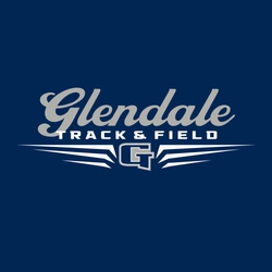 two color track and field t-shirt design. Large script team name above smaller lettering "Track & Field".  Logo or mascot below that framed by three pointed shapes on each side.