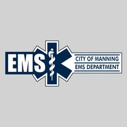 EMS sticker with large "EMS" lettering on side of design, star of life in middle and organization name on the opposite side.