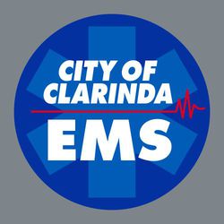EMS sticker design.  Star of life in lighter shade of blue inside royal blue circle. Flat line EKG through design with heartbeat restored on the right.  City name & EMS stacked & centered.
