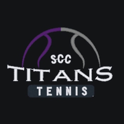 tennis ball outline split down the middle to two colors. banner with word TENNIS and team name below