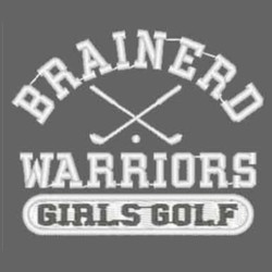 small crossed golf clubs and ball with circle text above, team name below and girls golf in banner