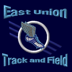 embroidery track and field design with winged foot in circle and diagonal bars.