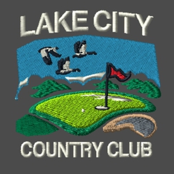 embroidery golf design with geese, green, bunker and flag pin