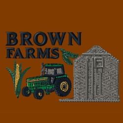farm embroidery design with tractor, corn, soybeans and silo.