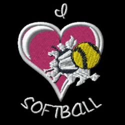 embroidery design with softball ripping through a heart, I love softball.