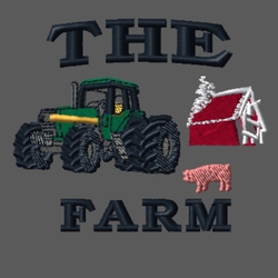 embroidery design with tractor, pig and barn.