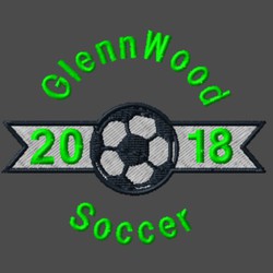 soccer ball centered in design over ribbon.  Circle text above and below logo.