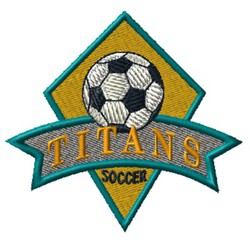 soccer ball over ribbon with team name.  diamond shaped background.