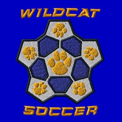 2 dimensional flattened soccer ball with paws in the panels.  team name above ball, soccer below ball.l