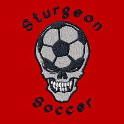 soccer ball inside skull with circle text team name above art and word soccer below art.