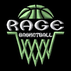 half basketballl above team name with stylized basketball net below.