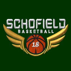 basketball with space for year or player number with wings surrounding ball.  Team name and word basketball above art.