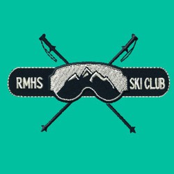 ski goggles and ski poles over banner with lettering.  mountain reflecting in the goggles.