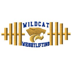 sylized weights with mascot in the middle.  lettering above and below mascot.