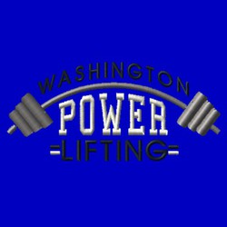 bent weight bar with weights over lettering "power lifting".  Team name above art.