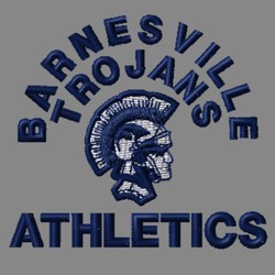 school name and team name circle text around top of mascot.  word "athletics" below mascot (trojan)