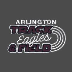 three color embroidery track design. School name at the top.  Track to the left with track lane lines that loop down to the words & field. Mascot name in script inside words and track.