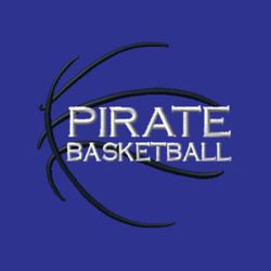 two color basketball embroidery design.  Black lines for basketball seams with white mascot name stacked over word basketball embroidered over the top.