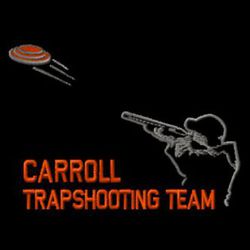 two color embroidery trap shooting design.  Shooter aiming at skeet target.  School name and words trapshooting team stacked at the lower left.