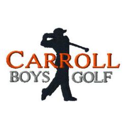 Boys golf embroidery design with male golfer pose after swing is complete.  School name stacked over Boys Golf over the top of golfer.