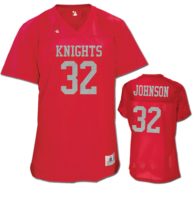 Red Fan Jersey with Silver Glitter Name and Number