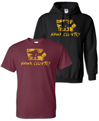 Maroon T-Shirt and Black Hoodie with Hawk Country Logo