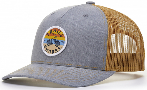 Richardson Five Panel Trucker Hat front view in Heather Grey/Amber Gold with Embroidered Logo