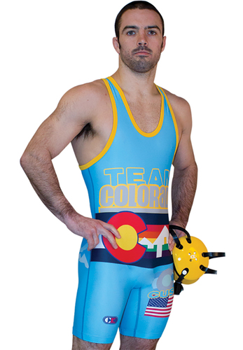 Model wearing Cliff Keen 100% Custom Sublimated T Back Wrestling Singlet