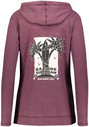 Holloway Women's Coast Hoodie back view in Maroon Heather with full back screen print design