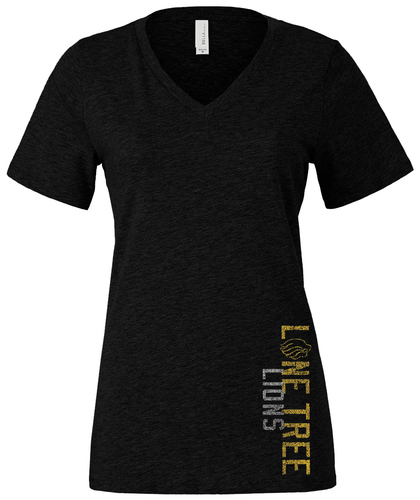 Bella Women's Jersey V-Neck Tee front view in Black Heather with Design