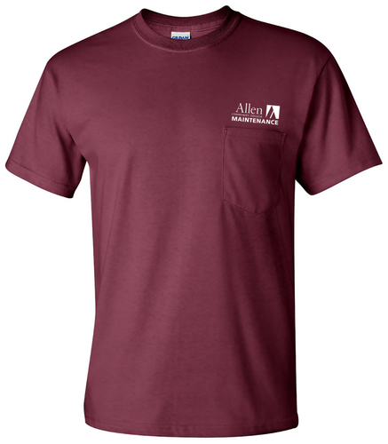 Gildan Ultra Cotton Pocket Tee front view in Maroon with Screen Print Logo