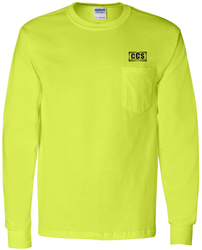 Gildan Ultra Cotton Long Sleeve Tee With Pocket in Safety Green, Front View