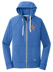 Front view of Royal Heather New Era Sueded Cotton Full-Zip Hoodie with Screen Print Design on Left Chest