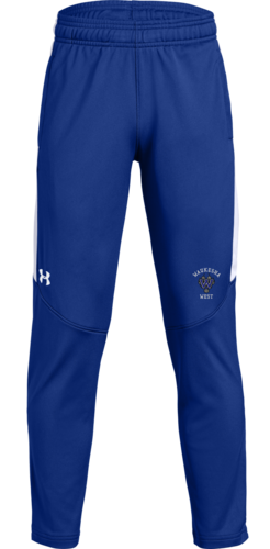 Under Armour Youth Rival Knit Warm-Up Pant front view in Royal with team logo