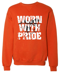 Russell Dri-Power Fleece Crew Sweatshirt front view in Orange with Screen Print Design