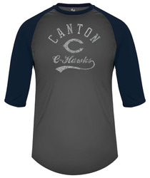 Badger B-Baseball Tee, front view in graphite/navy with design